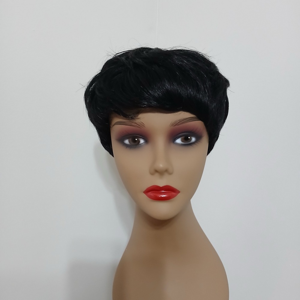 Womens Short Natural Black Pixie Cut Human Hair Wig New